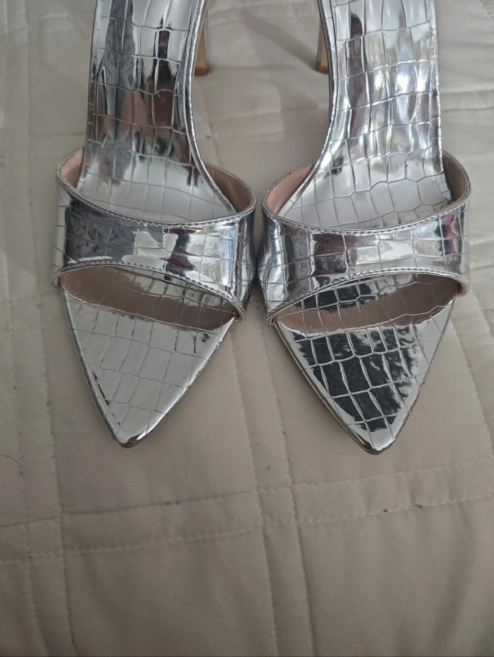 Pointed Silver Croc-Embossed Slide Mules - Picture 4 of 4
